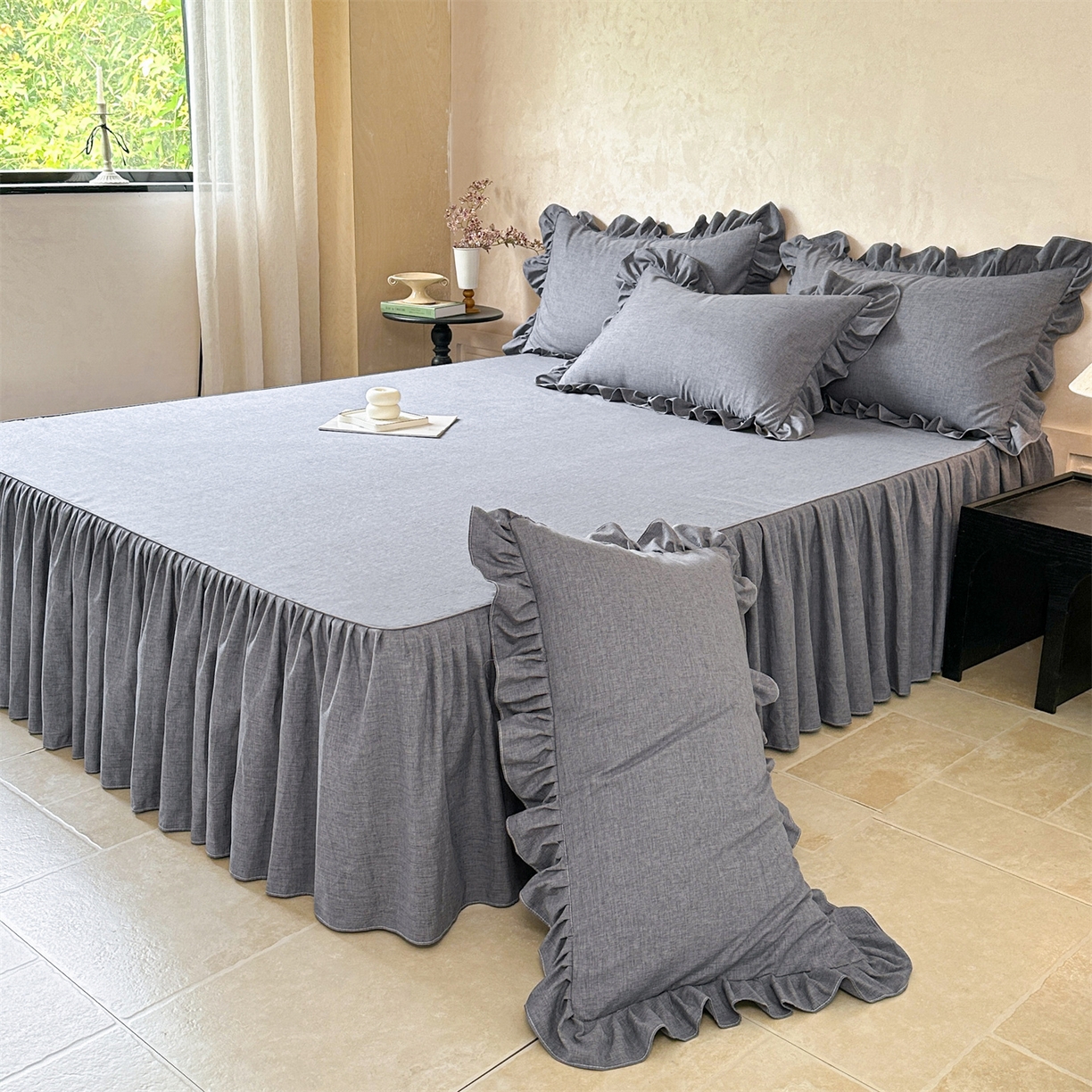 91家纺网 家纺一手货源 找家纺 忘忧草 2026新款纯色色织芙蓉棉床裙四件套-维密系列 维密-藏青蓝