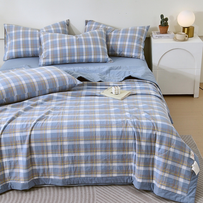 91家纺网 家纺一手货源 找家纺 春皖家纺 2026新款全棉色织宽边棉花夏被-云恋 云恋-简兮蓝