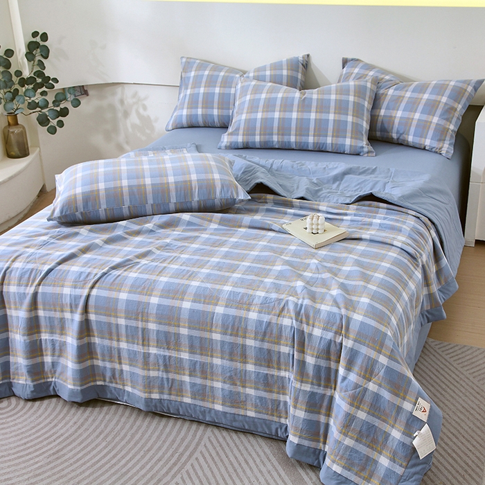 91家纺网 家纺一手货源 找家纺 春皖家纺 2026新款全棉色织宽边棉花夏被-云恋 云恋-简兮蓝