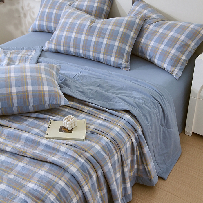 91家纺网 家纺一手货源 找家纺 春皖家纺 2026新款全棉色织宽边棉花夏被-云恋 云恋-简兮蓝