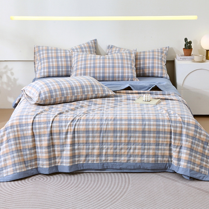 91家纺网 家纺一手货源 找家纺 春皖家纺 2026新款全棉色织宽边棉花夏被-云恋 云恋-蓝调格