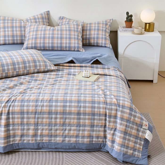 91家纺网 家纺一手货源 找家纺 春皖家纺 2026新款全棉色织宽边棉花夏被-云恋 云恋-蓝调格