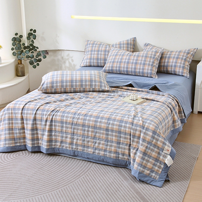 91家纺网 家纺一手货源 找家纺 春皖家纺 2026新款全棉色织宽边棉花夏被-云恋 云恋-蓝调格