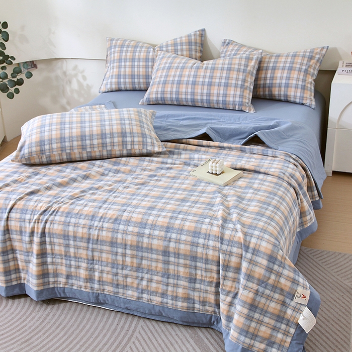 91家纺网 家纺一手货源 找家纺 春皖家纺 2026新款全棉色织宽边棉花夏被-云恋 云恋-蓝调格