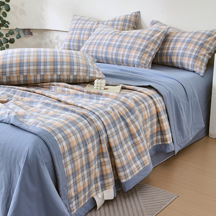 91家纺网 家纺一手货源 找家纺 春皖家纺 2026新款全棉色织宽边棉花夏被-云恋 云恋-蓝调格