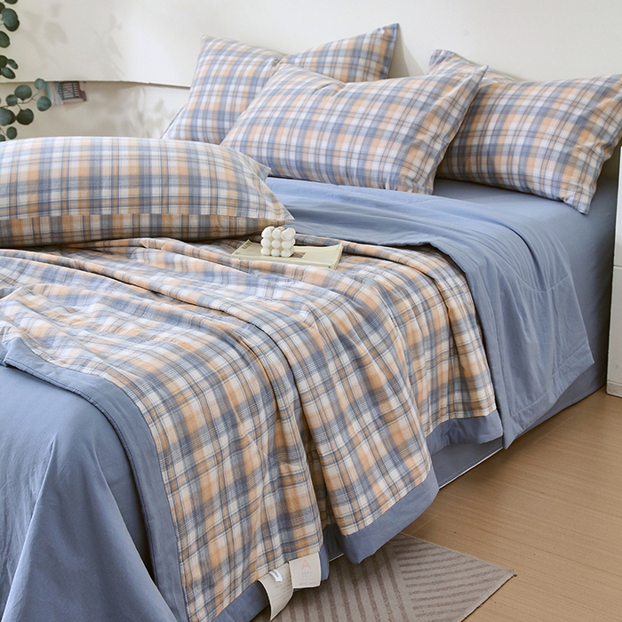 91家纺网 家纺一手货源 找家纺 春皖家纺 2026新款全棉色织宽边棉花夏被-云恋 云恋-蓝调格