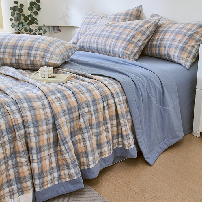 91家纺网 家纺一手货源 找家纺 春皖家纺 2026新款全棉色织宽边棉花夏被-云恋 云恋-蓝调格