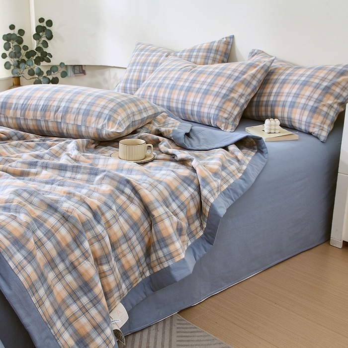 91家纺网 家纺一手货源 找家纺 春皖家纺 2026新款全棉色织宽边棉花夏被-云恋 云恋-蓝调格