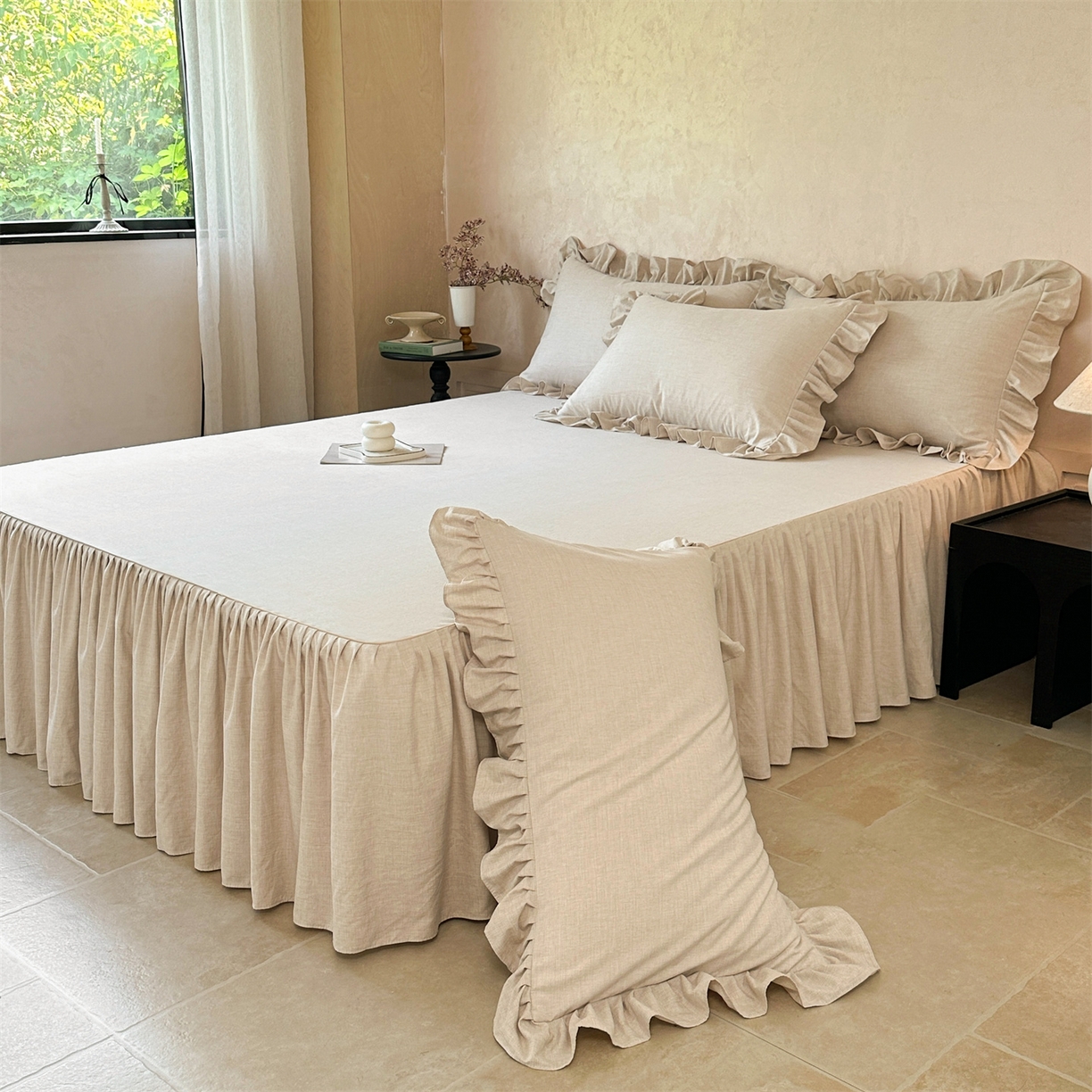 91家纺网 家纺一手货源 找家纺 （总）忘忧草 2026新款纯色色织芙蓉棉单床裙-维密系列