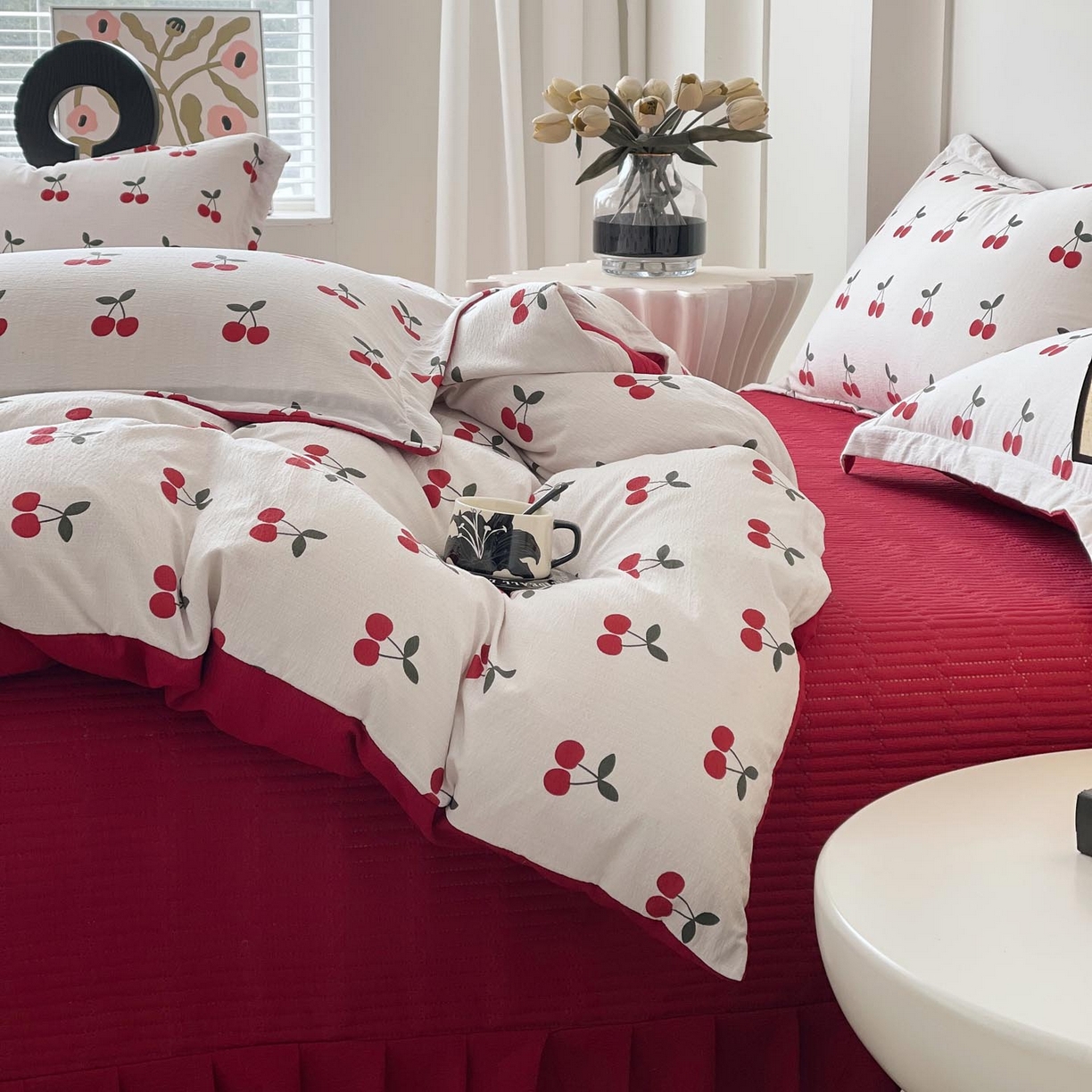 91家纺网 家纺一手货源 找家纺 麦田家纺 2026新款皱皱水洗棉床盖款四件套 樱桃蜜语