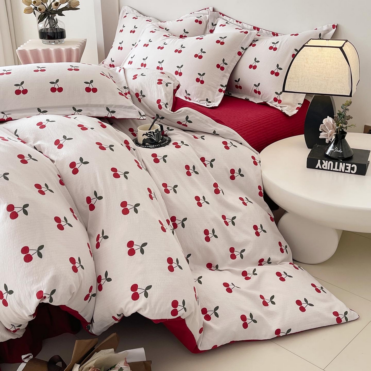 91家纺网 家纺一手货源 找家纺 麦田家纺 2026新款皱皱水洗棉床盖款四件套 樱桃蜜语