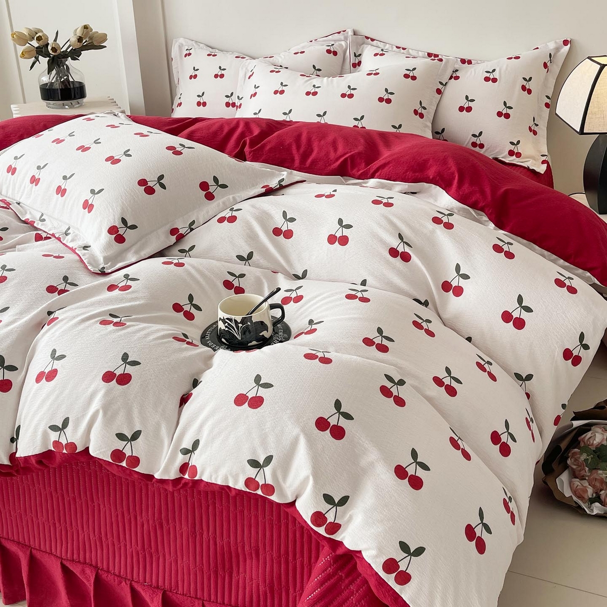 91家纺网 家纺一手货源 找家纺 麦田家纺 2026新款皱皱水洗棉床盖款四件套 樱桃蜜语