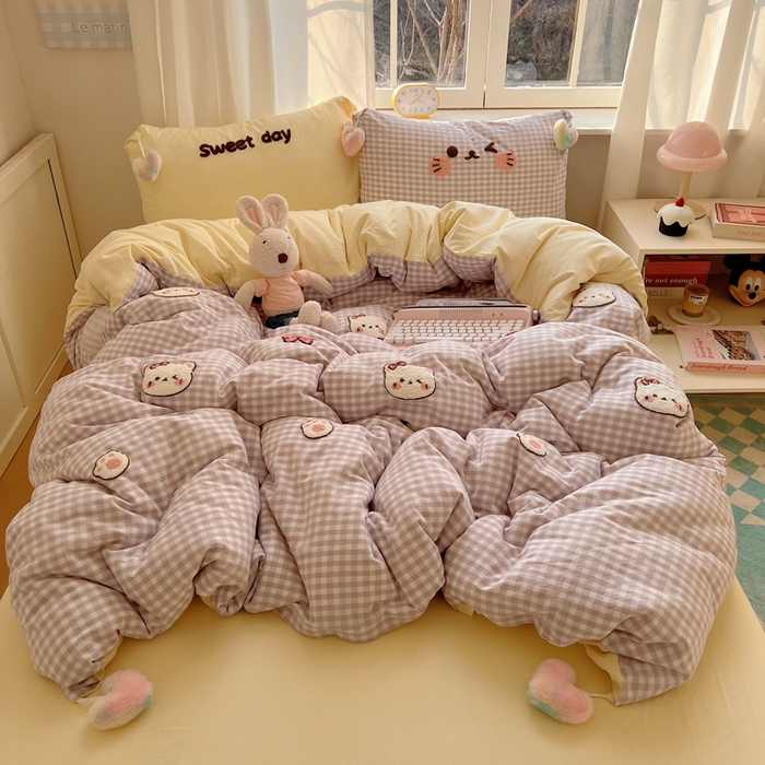 91家纺网 家纺一手货源 找家纺 （总）丽涵家纺 2026新款全棉色织水洗棉毛巾绣四件套-甜心小猫