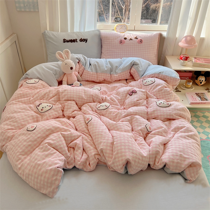 丽涵家纺 2026新款全棉色织水洗棉毛巾绣四件套-甜心小猫 甜心小猫-粉蓝-简单款