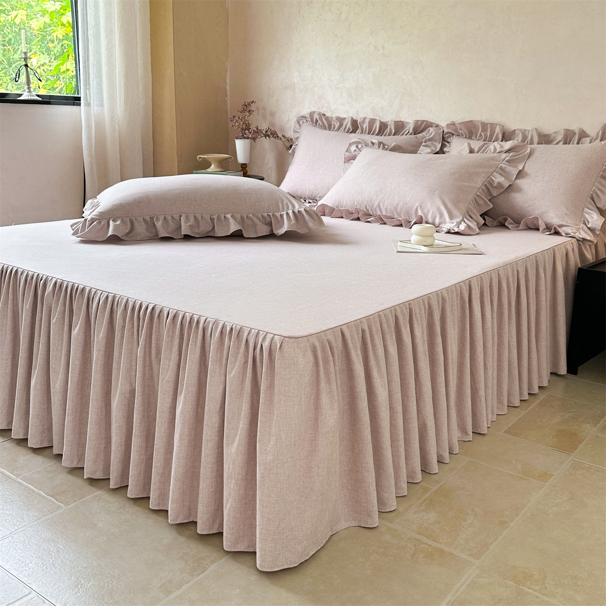 91家纺网 家纺一手货源 找家纺 忘忧草 2026新款纯色色织芙蓉棉单床裙-维密系列 维密-丁香紫