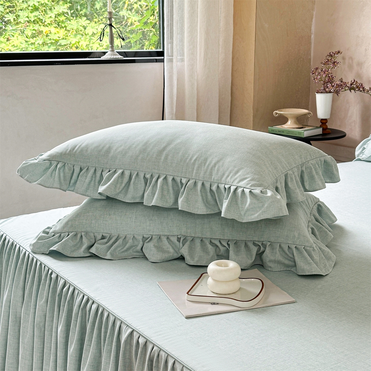 91家纺网 家纺一手货源 找家纺 忘忧草 2026新款纯色色织芙蓉棉单床裙-维密系列 维密-薄荷绿