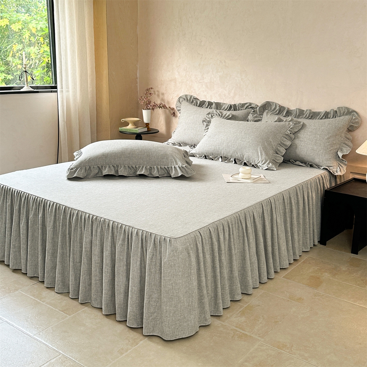 91家纺网 家纺一手货源 找家纺 忘忧草 2026新款纯色色织芙蓉棉单床裙-维密系列 维密-沉稳灰