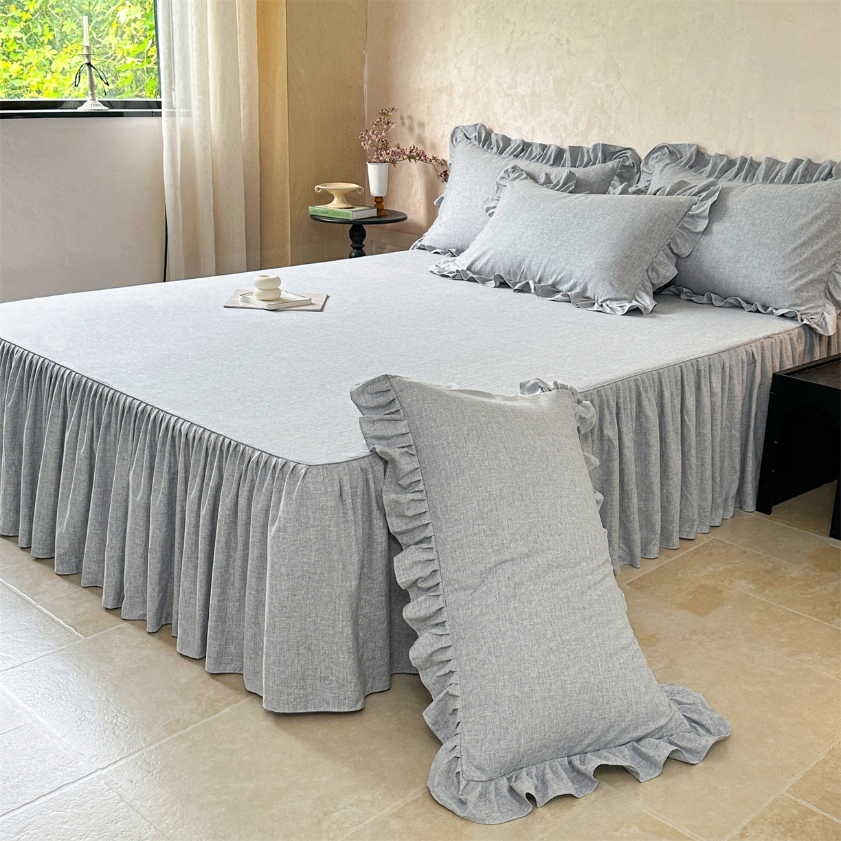 91家纺网 家纺一手货源 找家纺 忘忧草 2026新款纯色色织芙蓉棉单床裙-维密系列 维密-宁静蓝