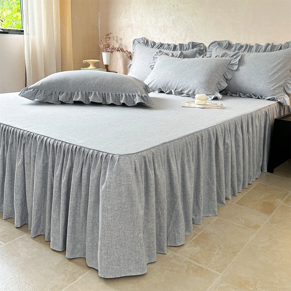 91家纺网 家纺一手货源 找家纺 忘忧草 2026新款纯色色织芙蓉棉单床裙-维密系列 维密-宁静蓝