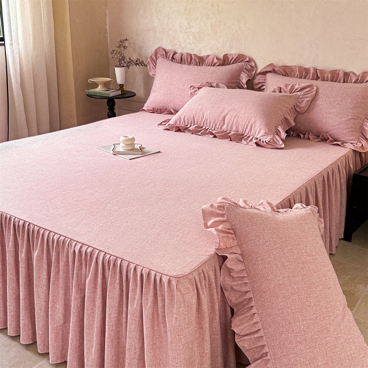 91家纺网 家纺一手货源 找家纺 忘忧草 2026新款纯色色织芙蓉棉单床裙-维密系列 维密-青春粉