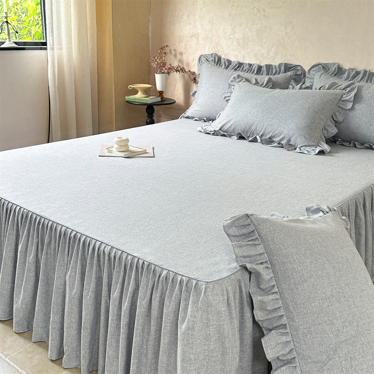 91家纺网 家纺一手货源 找家纺 忘忧草 2026新款纯色色织芙蓉棉单床裙-维密系列 维密-宁静蓝