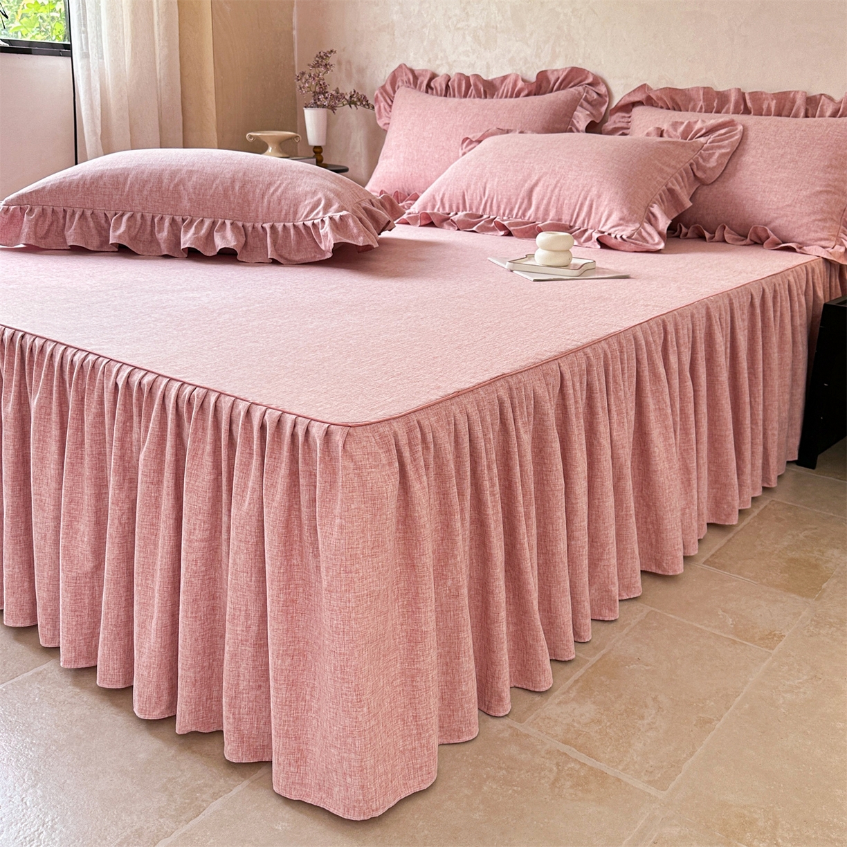 91家纺网 家纺一手货源 找家纺 忘忧草 2026新款纯色色织芙蓉棉单床裙-维密系列 维密-青春粉