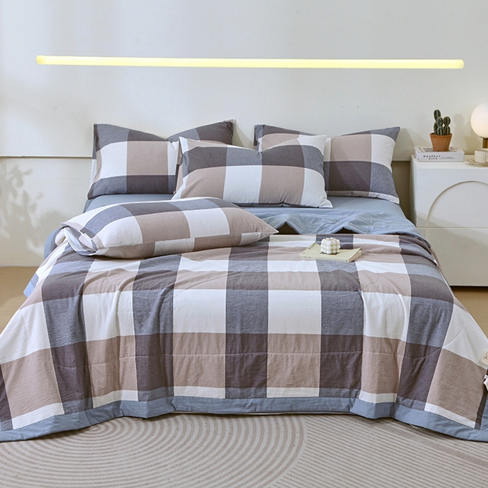 91家纺网 家纺一手货源 找家纺 春皖家纺 2026新款全棉色织宽边棉花夏被-云恋 云恋-浅咖蓝