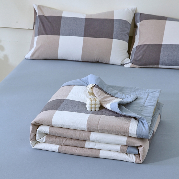 91家纺网 家纺一手货源 找家纺 春皖家纺 2026新款全棉色织宽边棉花夏被-云恋 云恋-浅咖蓝