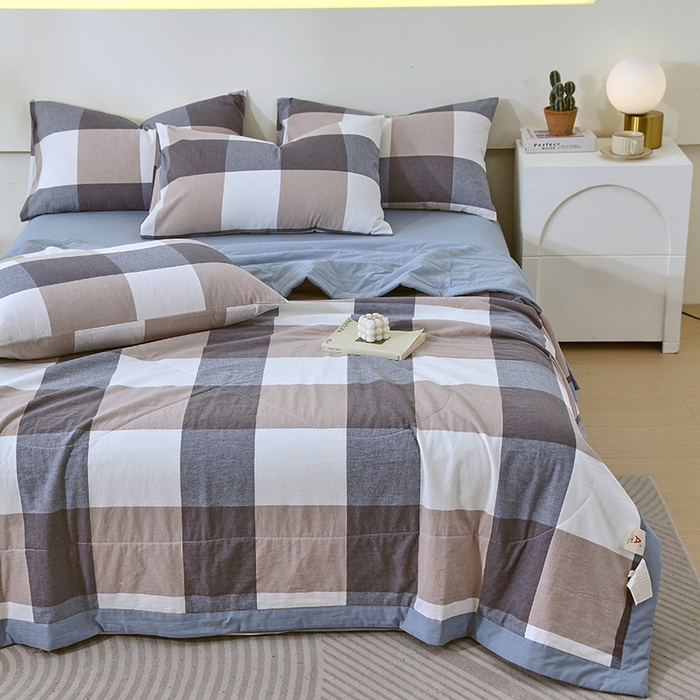 91家纺网 家纺一手货源 找家纺 春皖家纺 2026新款全棉色织宽边棉花夏被-云恋 云恋-浅咖蓝