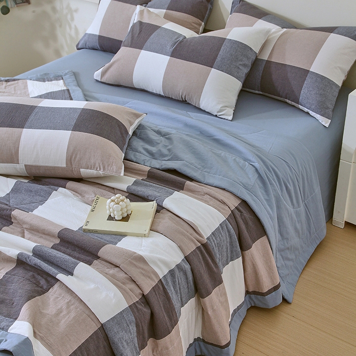 91家纺网 家纺一手货源 找家纺 春皖家纺 2026新款全棉色织宽边棉花夏被-云恋 云恋-浅咖蓝