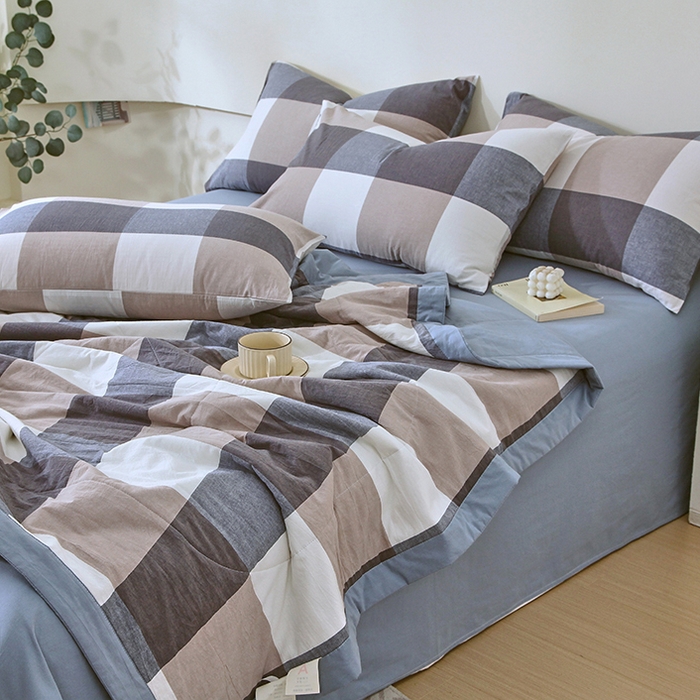 91家纺网 家纺一手货源 找家纺 春皖家纺 2026新款全棉色织宽边棉花夏被-云恋 云恋-浅咖蓝