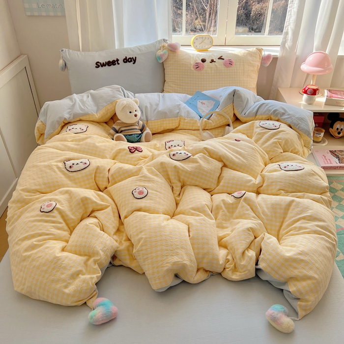 丽涵家纺 2026新款全棉色织水洗棉毛巾绣四件套-甜心小猫 甜心小猫-黄格-毛球款