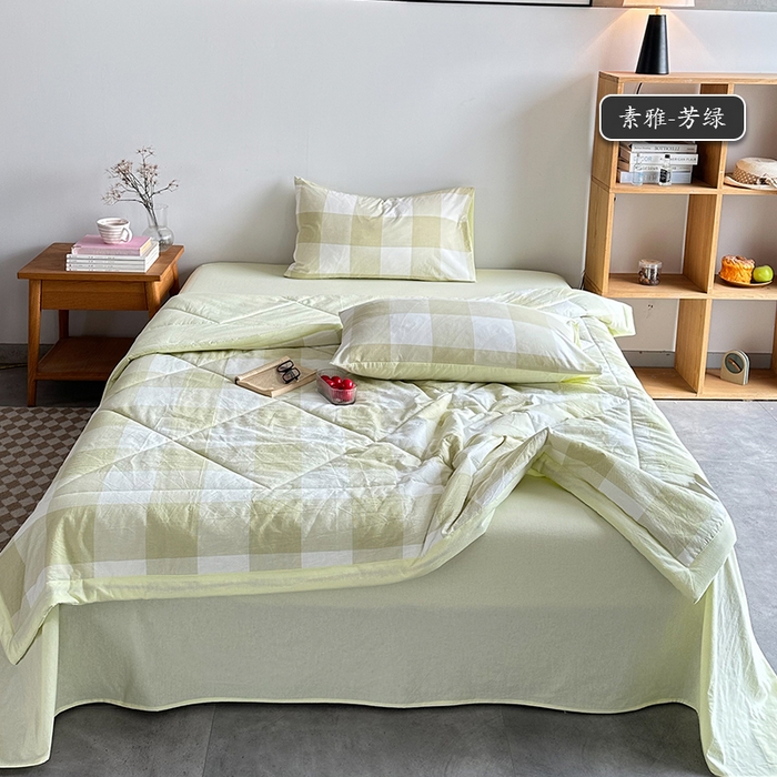 91家纺网 家纺一手货源 找家纺 春皖家纺 2026新款全棉色织羽丝绒夏被-风格1 素雅-芳绿