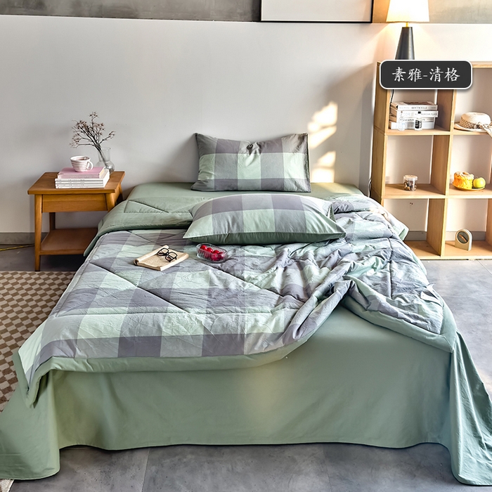 91家纺网 家纺一手货源 找家纺 春皖家纺 2026新款全棉色织羽丝绒夏被-风格1 素雅-清格