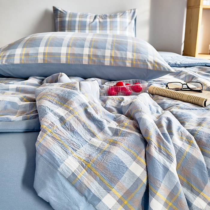 91家纺网 家纺一手货源 找家纺 春皖家纺 2026新款全棉色织羽丝绒夏被-风格1 素雅-蓝格