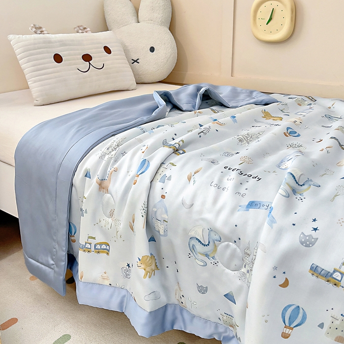 91家纺网 家纺一手货源 找家纺 御棉坊 2026春夏A类天丝活性印染儿童大豆夏被宝宝夏凉被幼儿园午睡空调被薄被子 雪国恐龙