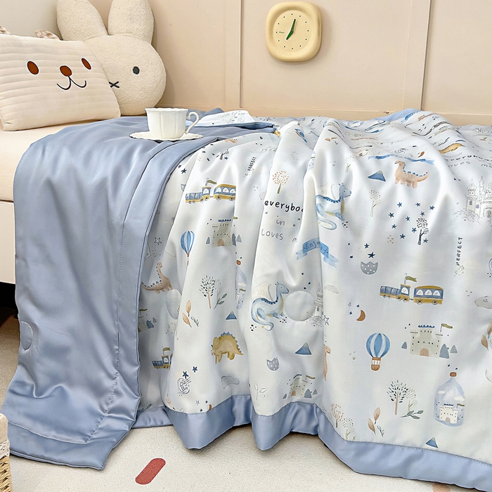 91家纺网 家纺一手货源 找家纺 御棉坊 2026春夏A类天丝活性印染儿童大豆夏被宝宝夏凉被幼儿园午睡空调被薄被子 雪国恐龙