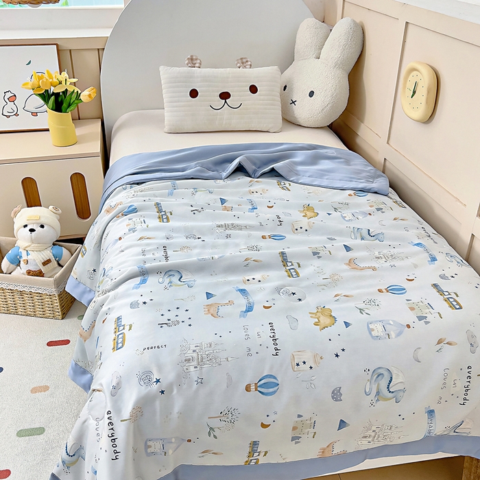 91家纺网 家纺一手货源 找家纺 御棉坊 2026春夏A类天丝活性印染儿童大豆夏被宝宝夏凉被幼儿园午睡空调被薄被子 雪国恐龙