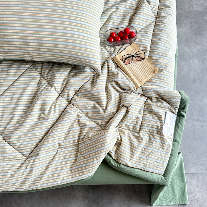 91家纺网 家纺一手货源 找家纺 春皖家纺 2026新款全棉色织羽丝绒夏被-风格1 素雅-绿条