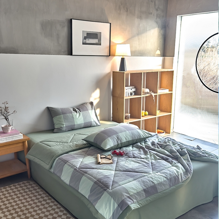 91家纺网 家纺一手货源 找家纺 春皖家纺 2026新款全棉色织羽丝绒夏被-风格1 素雅-清格