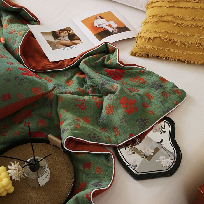 91家纺网 家纺一手货源 找家纺 春皖家纺 2026新款全棉双层纱夏被系列-百福 夏被绿百福