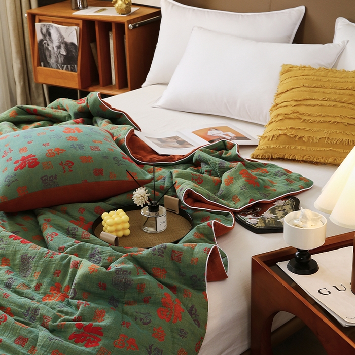 91家纺网 家纺一手货源 找家纺 春皖家纺 2026新款全棉双层纱夏被系列-百福 夏被绿百福