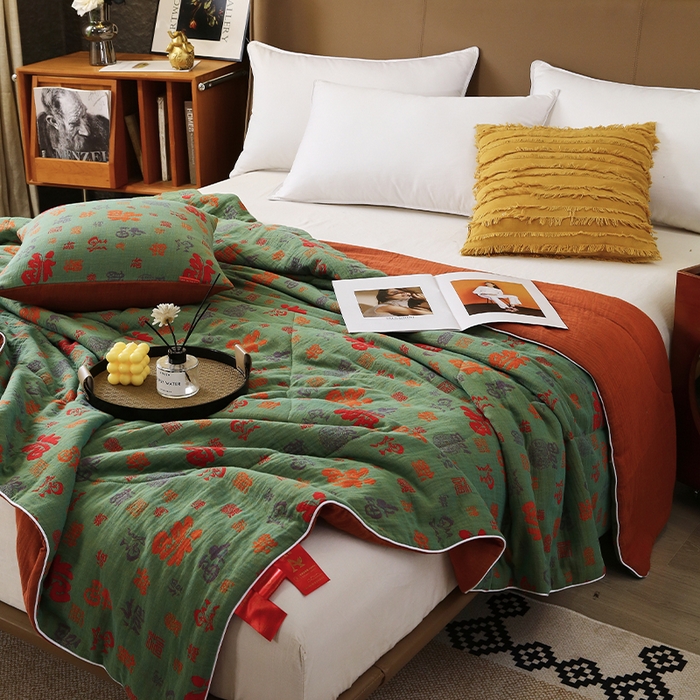 91家纺网 家纺一手货源 找家纺 春皖家纺 2026新款全棉双层纱夏被系列-百福 夏被绿百福