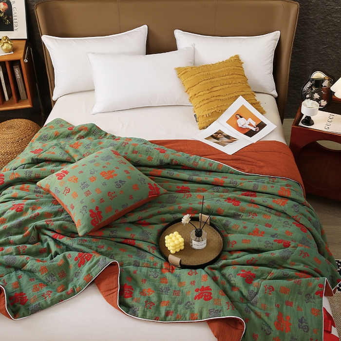 91家纺网 家纺一手货源 找家纺 春皖家纺 2026新款全棉双层纱夏被系列-百福 夏被绿百福