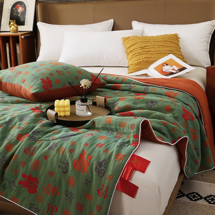 91家纺网 家纺一手货源 找家纺 春皖家纺 2026新款全棉双层纱夏被系列-百福 夏被绿百福