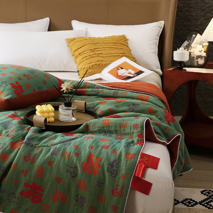 91家纺网 家纺一手货源 找家纺 春皖家纺 2026新款全棉双层纱夏被系列-百福 夏被绿百福