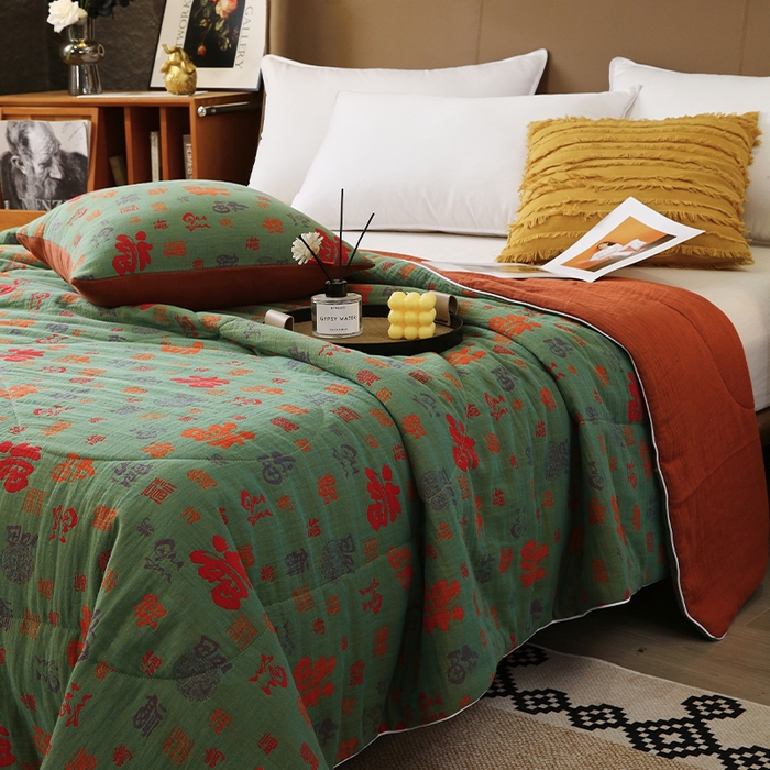 91家纺网 家纺一手货源 找家纺 春皖家纺 2026新款全棉双层纱夏被系列-百福 夏被绿百福