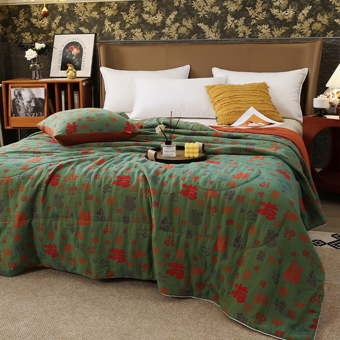 91家纺网 家纺一手货源 找家纺 春皖家纺 2026新款全棉双层纱夏被系列-百福 夏被绿百福