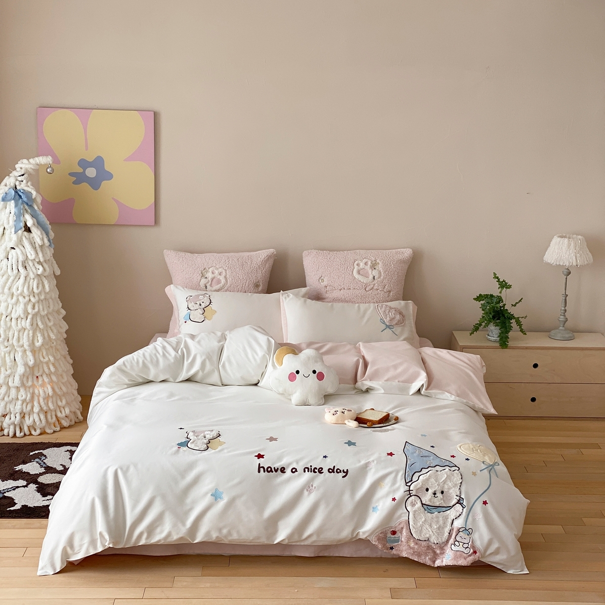 91家纺网 家纺一手货源 找家纺 （总）星野 2026春夏新品100双股澳棉刺绣贴布绣四件套--喵满分