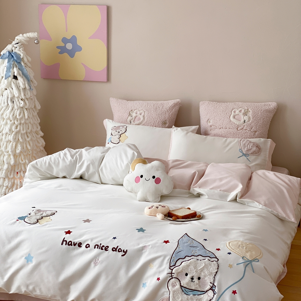 91家纺网 家纺一手货源 找家纺 （总）星野 2026春夏新品100双股澳棉刺绣贴布绣四件套--喵满分